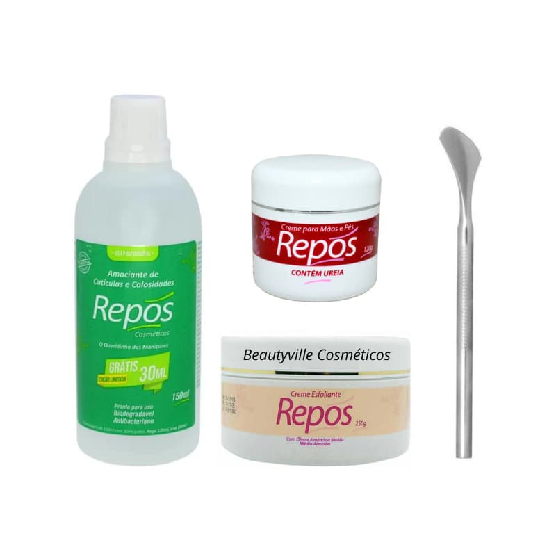 Kit Spa Dos Pés - Repós Amaciante 150ml + Creme Uréia 120g Repos + Esfoliante 250g + Espátula 222