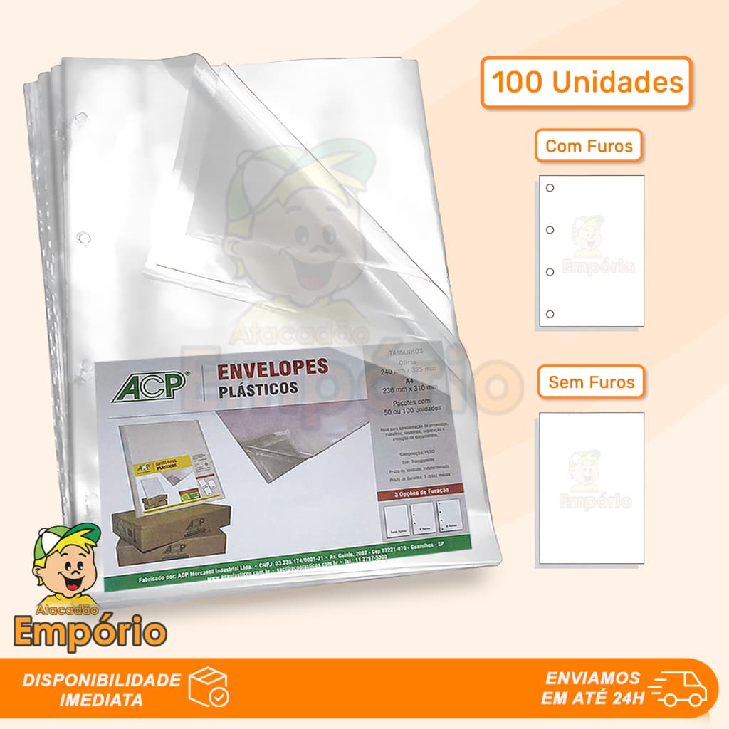 Saco Envelope Plástico 4 Furos/Sem Furos Grosso/Fino Ofício/A4 Pacote Com 100 Unidades ACP