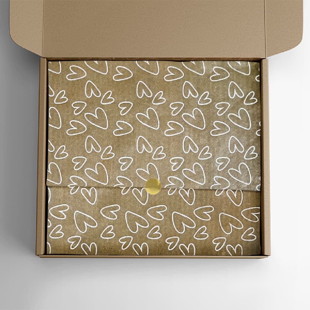 100 Folhas Papel de Seda Kraft Premium Estampa Coração 30x70cm Embalar Roupas Artesanato e Doces