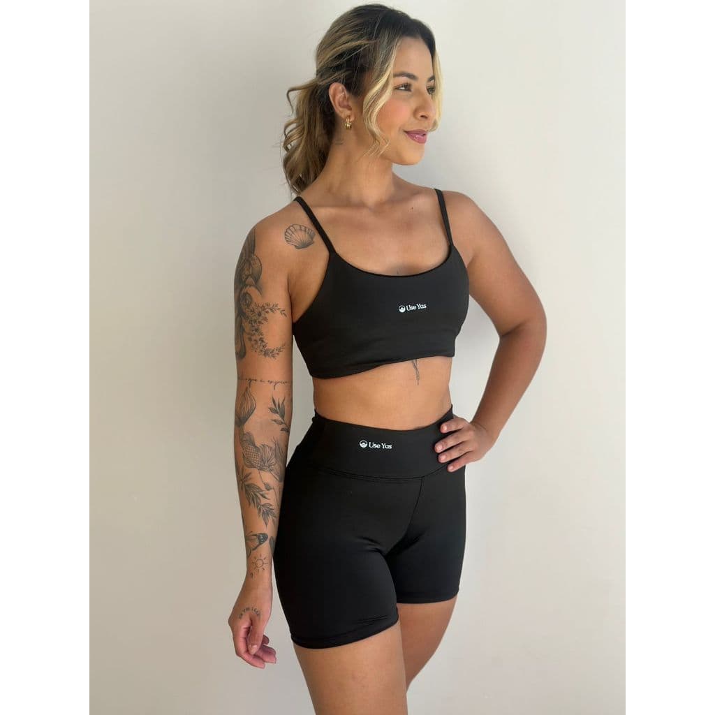 Shorts Meia Coxa Cintura Alta + Top Forrado Suplex UV 50+ Feminino Fitness Academia Kit