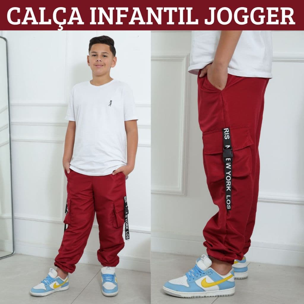 Calça Infantil Para Menino Tactel Jogger Masculino Vermelho Natal 4 Bolsos Cargo Bomber