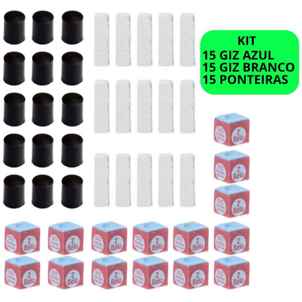 Kit Para Taco de Sinuca Com 15 Ponteira Virola Rista + 15 Giz Branco + 15 Giz Azul 7 Belo para Bares Bilhar