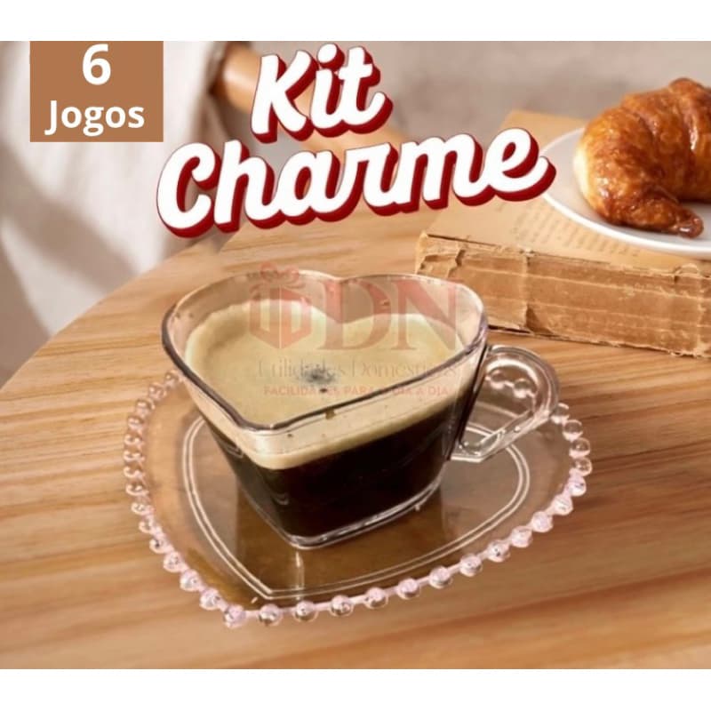 Cantinho do Café Kit 6 Xícara 100ml+6 Pires coração (Acrílico)Transparente Ideal para café um charme