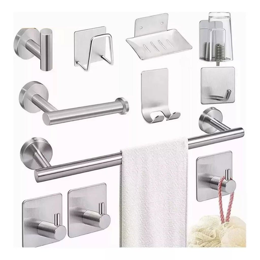 Kit de Acessórios para Banheiro Inox - 11 Peças Prata com Toalheiro | kit acessórios banheiro inox