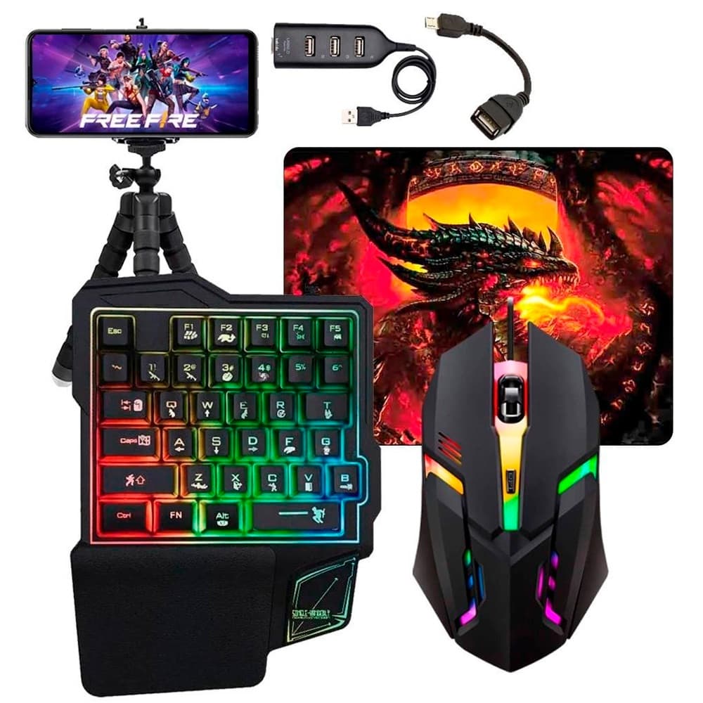 Kit Mobilador Gamer Completo One Hand Uma Mao Otg Tipo C + Otg Micro 7 Peças