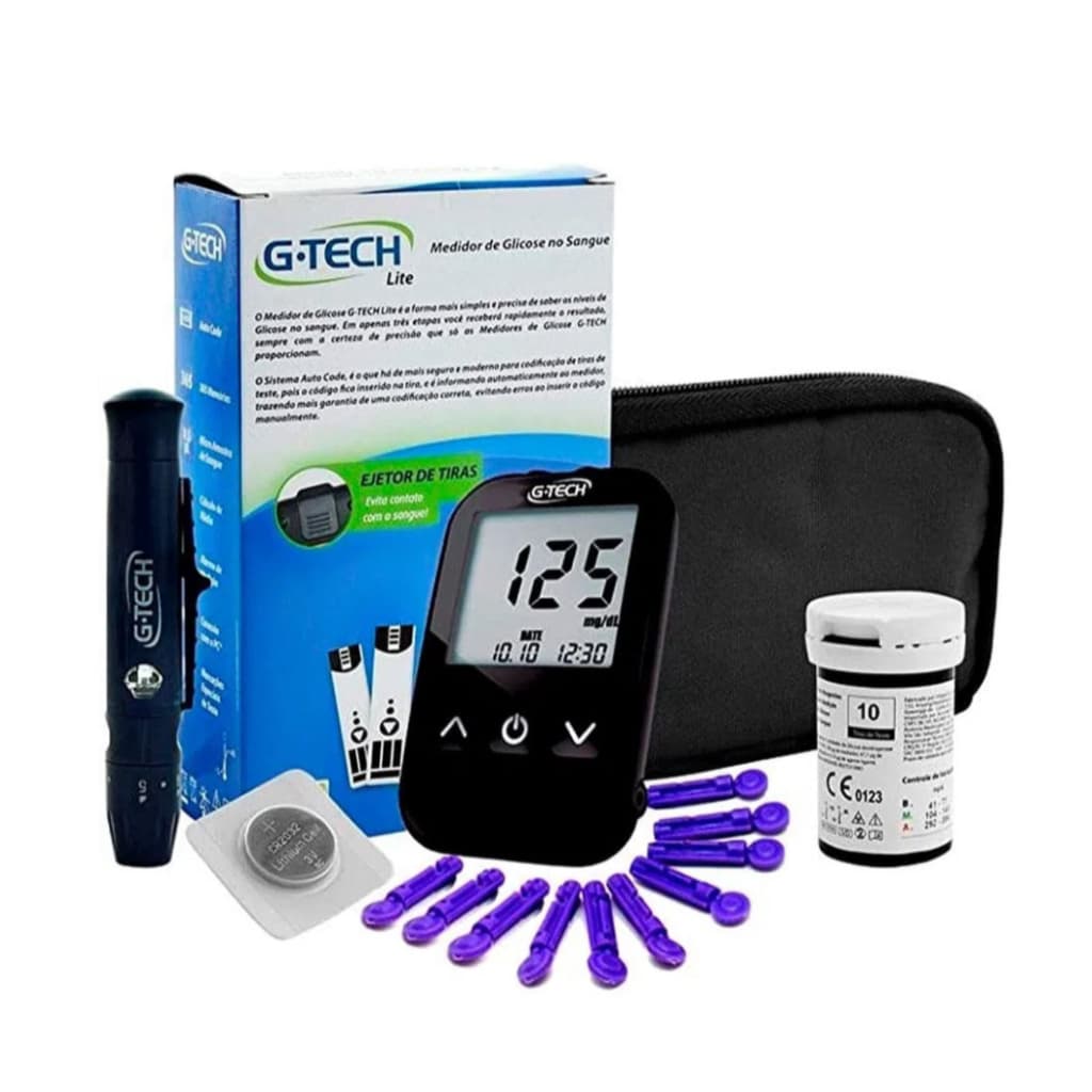 Kit Medidor de Glicose G-Tech Lite - Com sistema ejetor de tiras e Amplo display que facilita a leitura