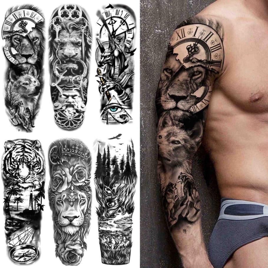 Tatuagem Falsas Temporária de Braço Completo Grande Tribal de Manga Corporal Dragão Tigre Leão Rei
