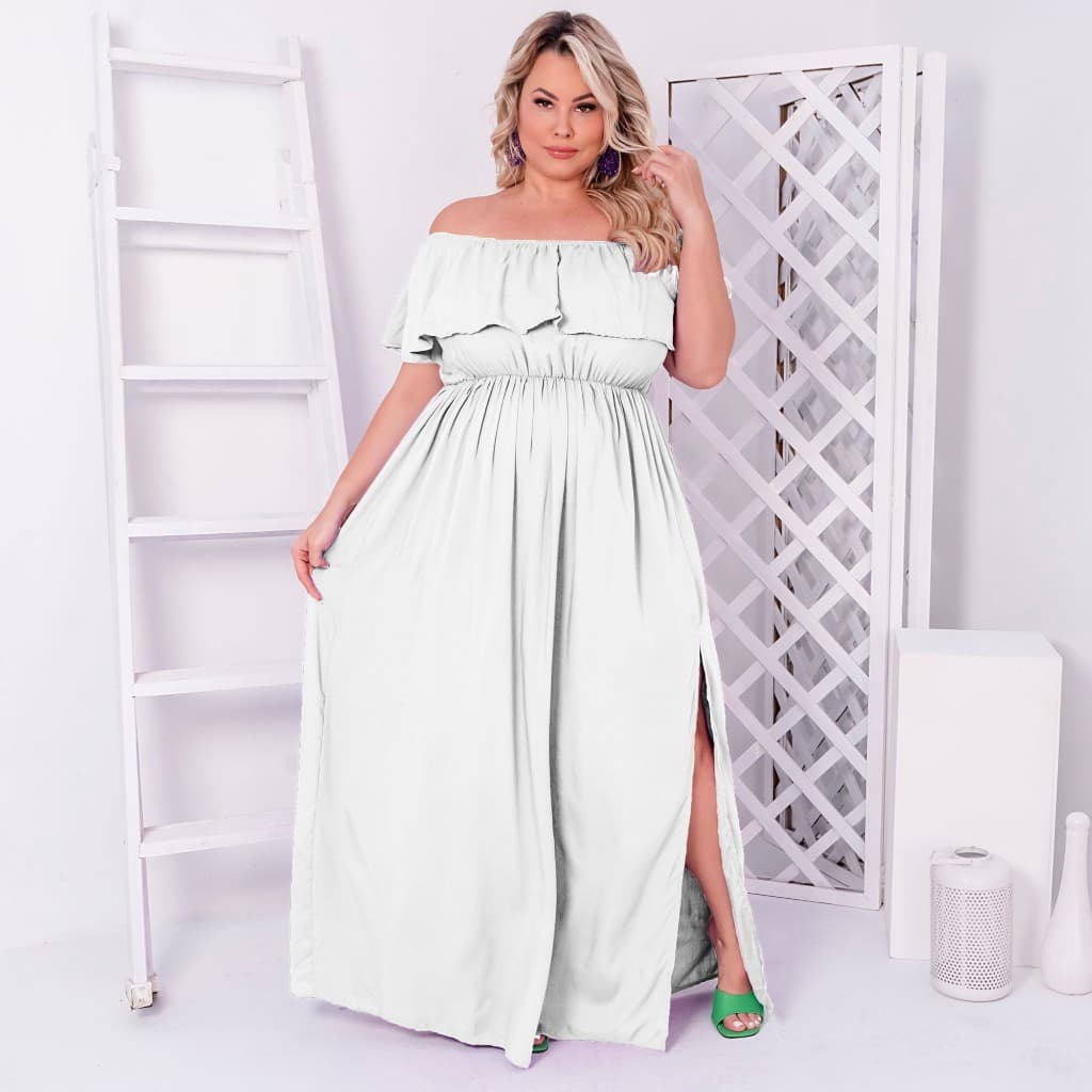 Vestido Branco Feminino Longo Plus Size Com Fenda Ajustável Moda Gestante Grávida Elegante