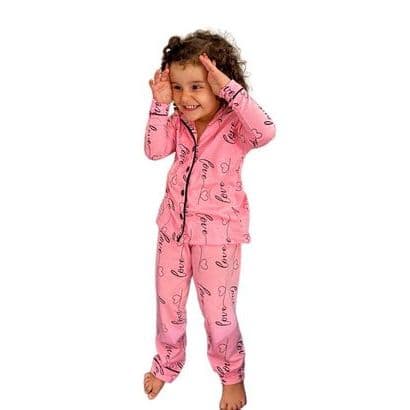 Pijama infantil Inverno Feminino Americano de Criança com Botões Calça e Blusa de Manga Comprida