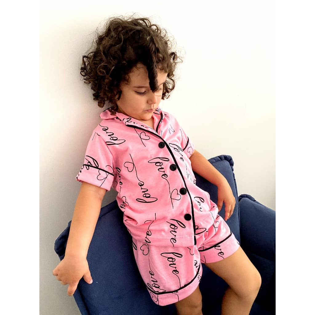 Pijama Infantil Americano Feminino de Criança Short e Camisa com Botões de Menina Malha Verão