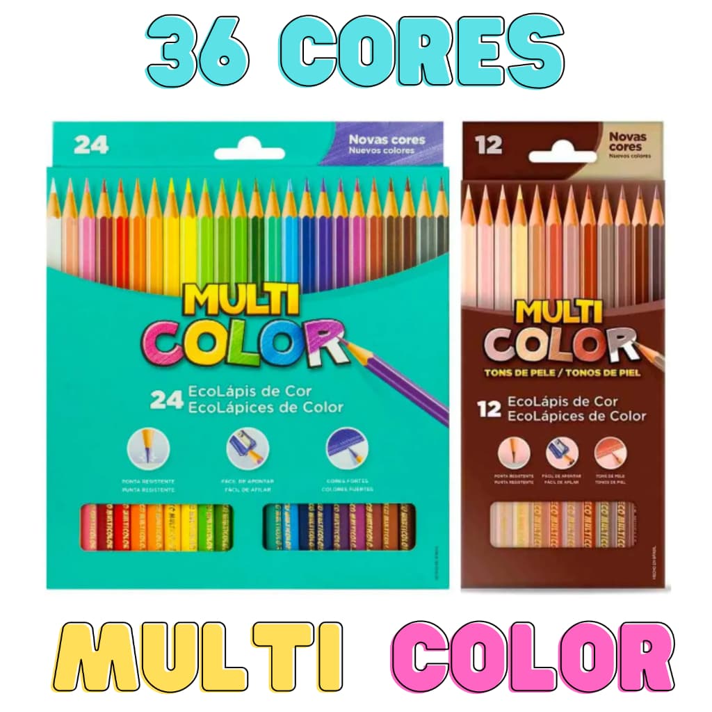 Kit Caixas Lápis Multicolor 24 Cores + 12 Tons De Pele