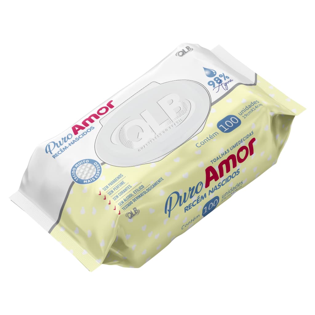 Caixa com 8 Lenços/Toalhas Umedecidas Puro Amor Recém-Nascidos c/100 Unidades Cada – Tampa FlipTop - Tecido mais espesso