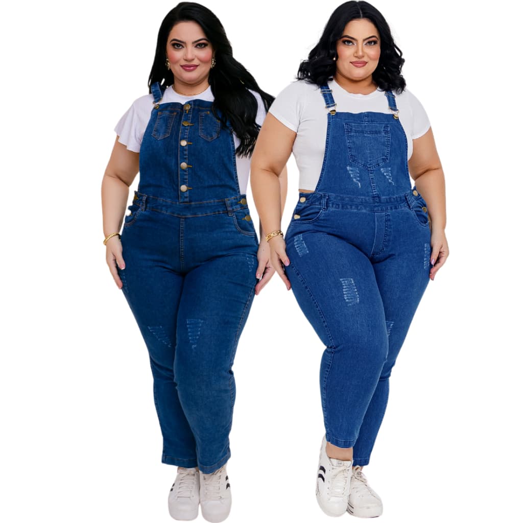Jardineira Calça Macacão Jeans Plus Size Feminina com Lycra Alça