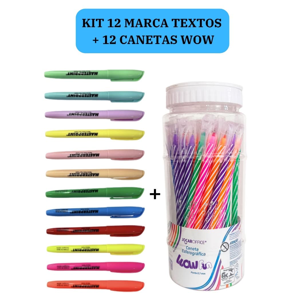 Kit 12 Marca Texto (6 Neon + 6 pastel) Masterprint + 12 Canetas Esferográficas Wow 0.7mm Coloridas