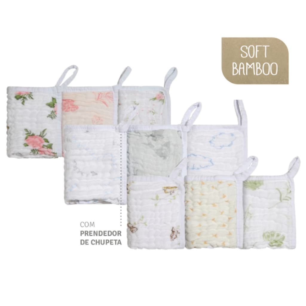 PANINHO DE BOCA SOFT BAMBOO MAMI C/ PRENDEDOR DE CHUPETA 25cm X 25cm CONTEM 03 UN