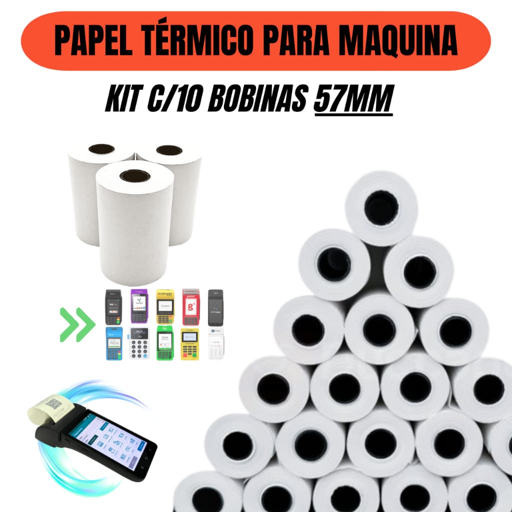 Kit 10 Bobina Térmica 58mm Mini Impressora e Maquina de Cartão