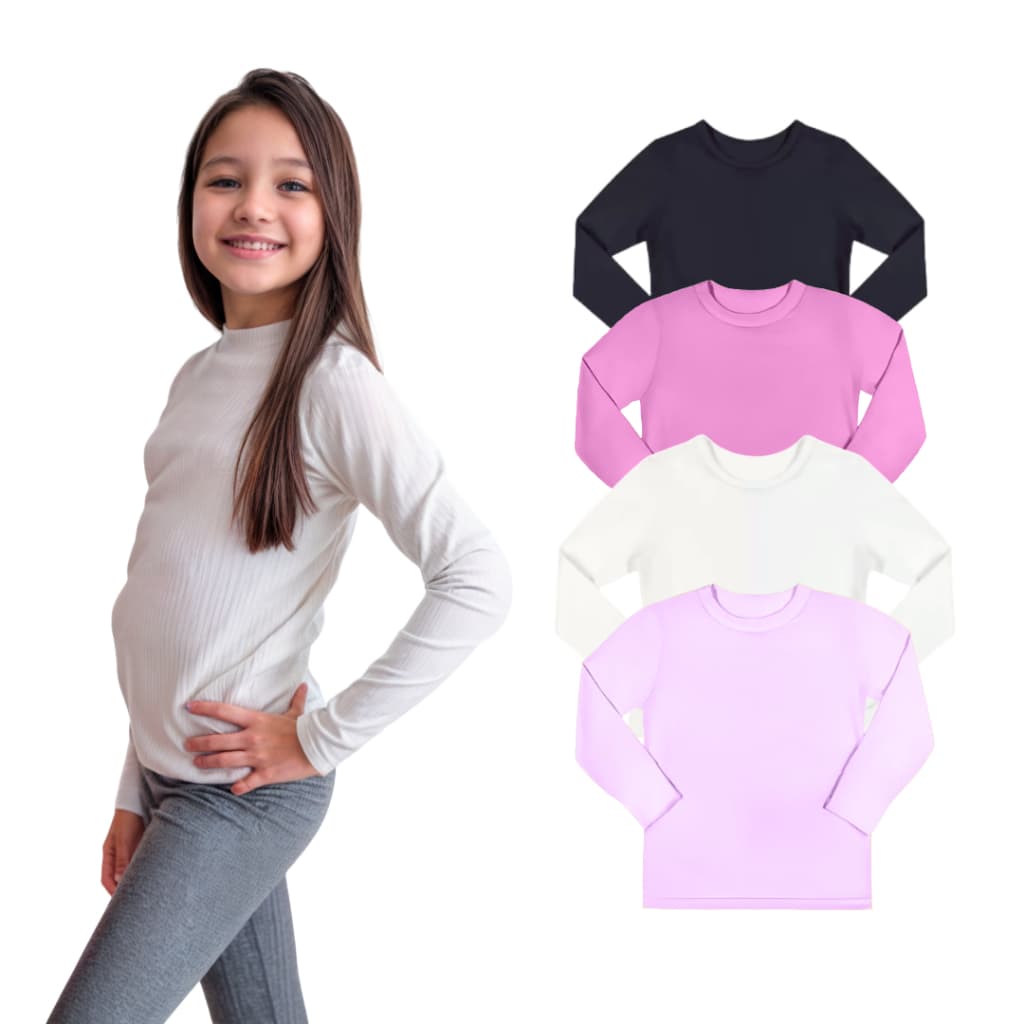 Kit 3 Camisetas Manga Longa Infantil Inverno Menina Básica Lisa Tamanho 2 ao 12,  Camisa 100% algodão