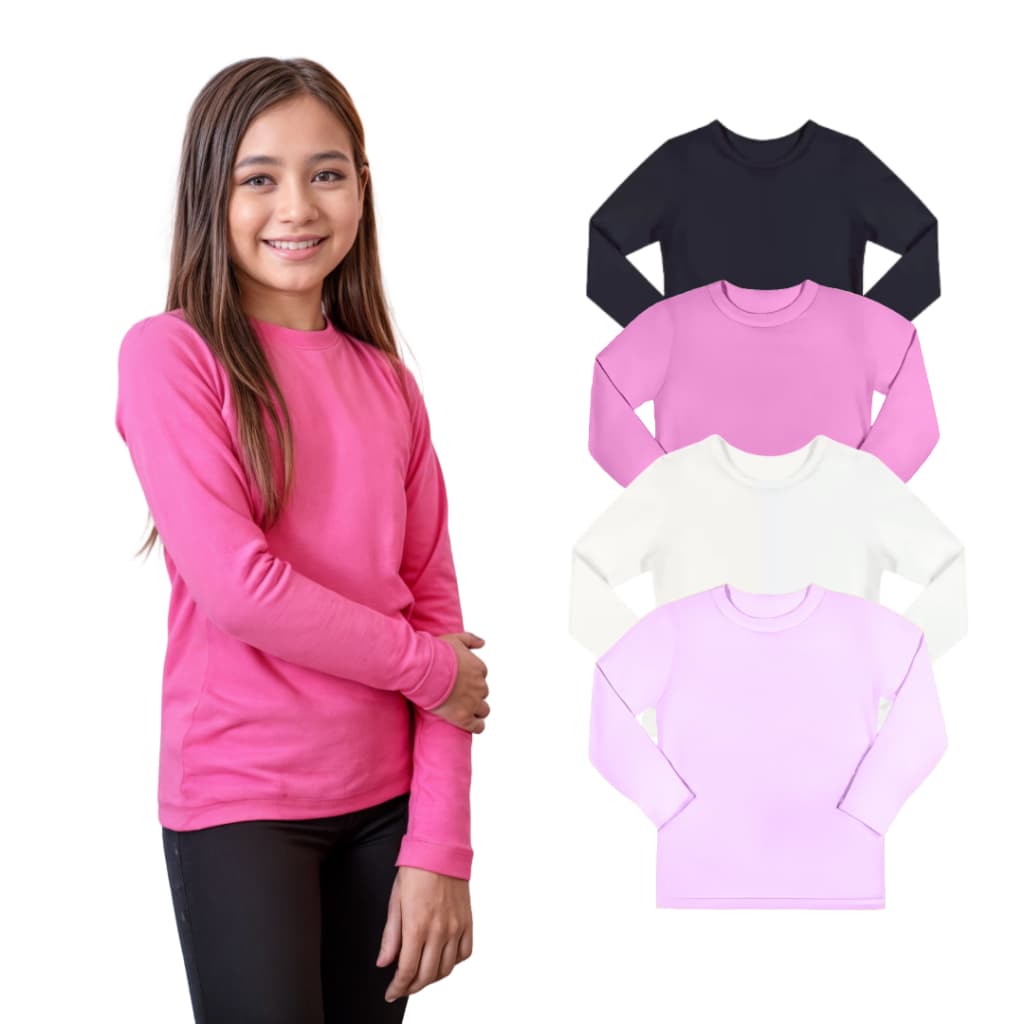 Kit 3 Camisetas Infantil Menina Manga Longa Inverno Básica Lisa Tamanho 2 ao 12, Camisa 100% algodão