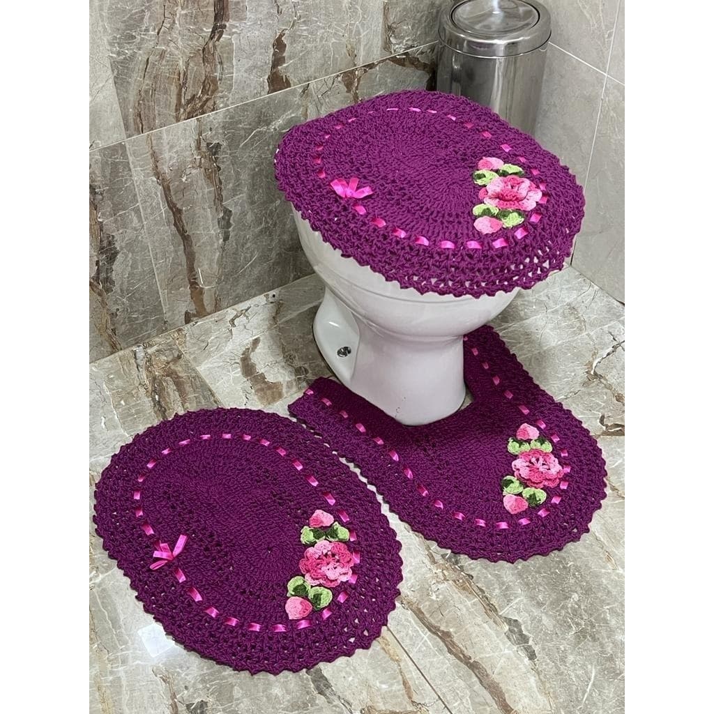 Jogo de Banheiro em Crochê 3 Pçs Colorido com Fita Bordado