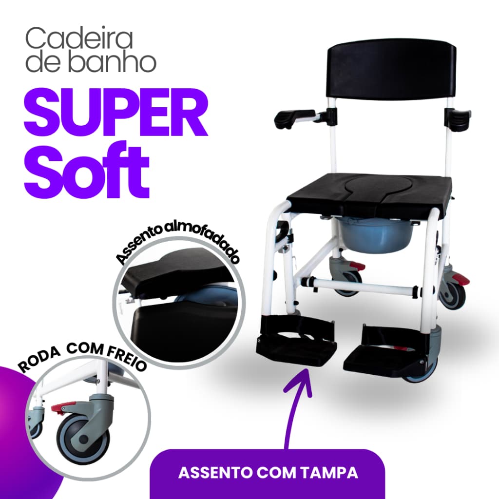 Cadeira de Banho Com Rodas Idoso Higiênica Alumínio 100kg Cesto e Almofada Removivel Apoio Pé Trava