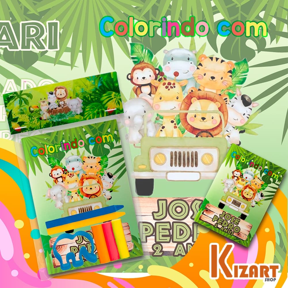 10 Kit Colorir Mini Livrinho Capa Personalizada Safari Festa Infantil Giz Massinha + Molde