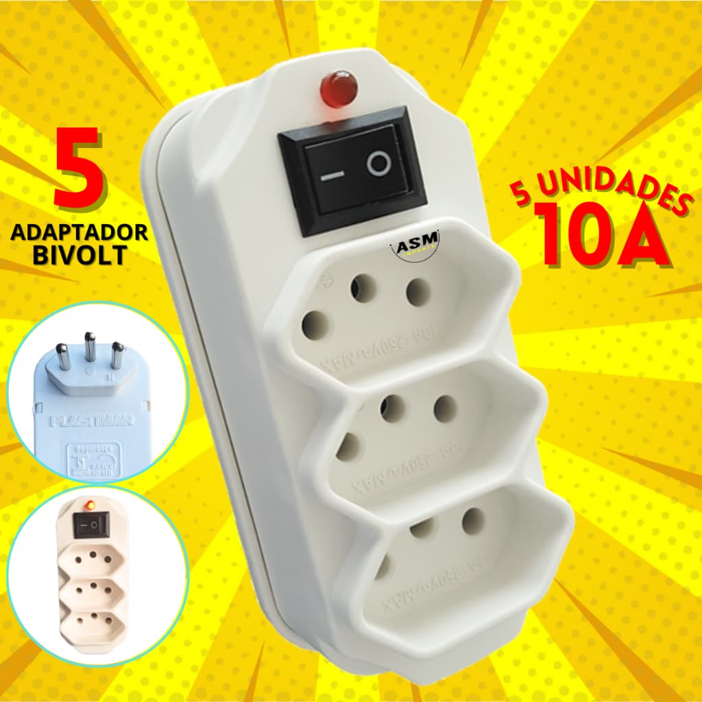 5unidades Benjamin adaptador com Interruptor Liga e Desliga/ 3 tomadas/ BENJ. NEW. JACK top