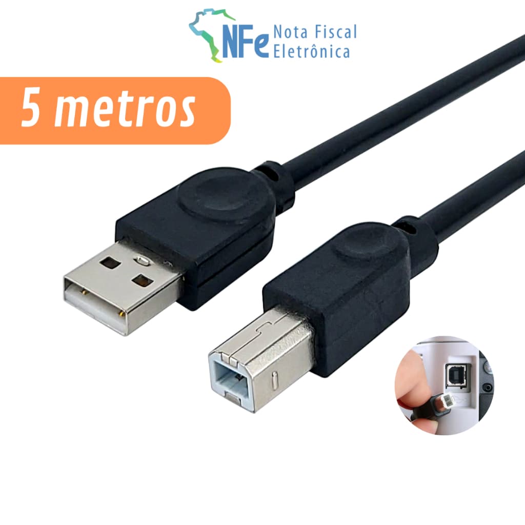 Cabo USB Tipo B com 5 metros para Impressora Scanner Multifuncional Bateria Eletrônica Teclado