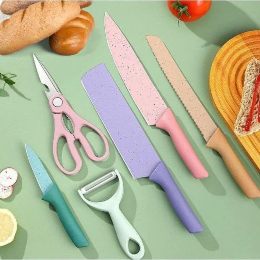 Jogo De Facas Coloridas 6 Peças Aço Inox Faqueiro Churrasco