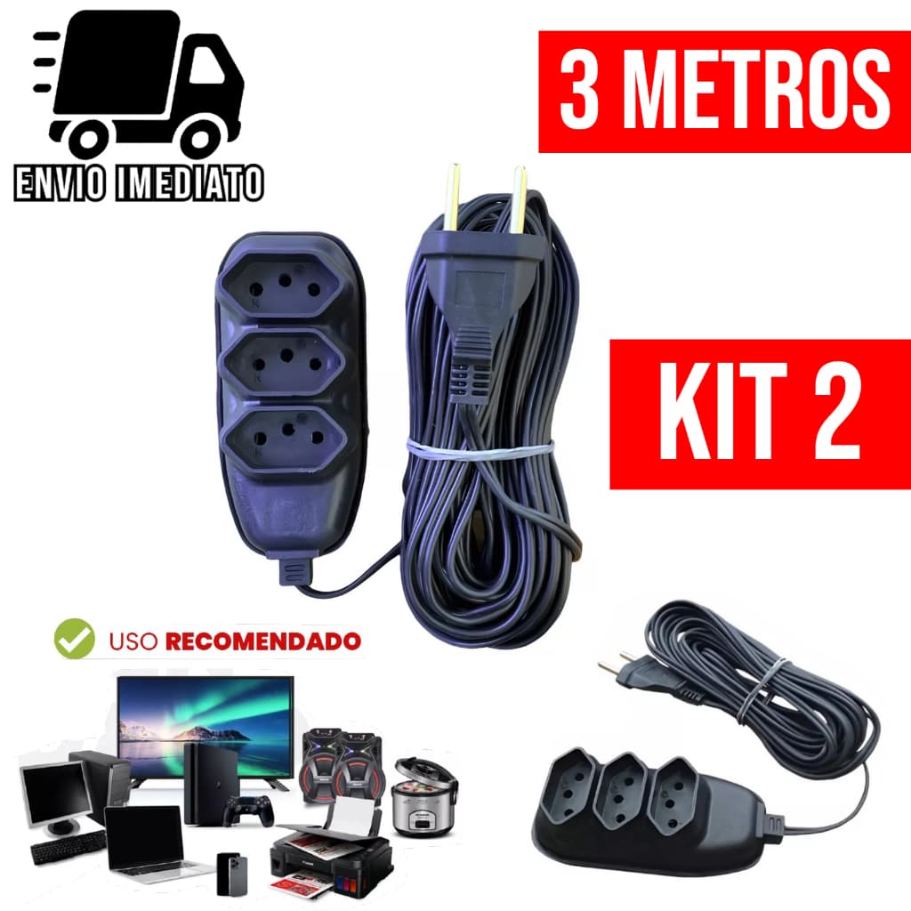 Kit 2 Extensão Elétrica 3 Metros Bivolt com 3 Tomadas 110v 220v Tripolar Alexa Compacta
