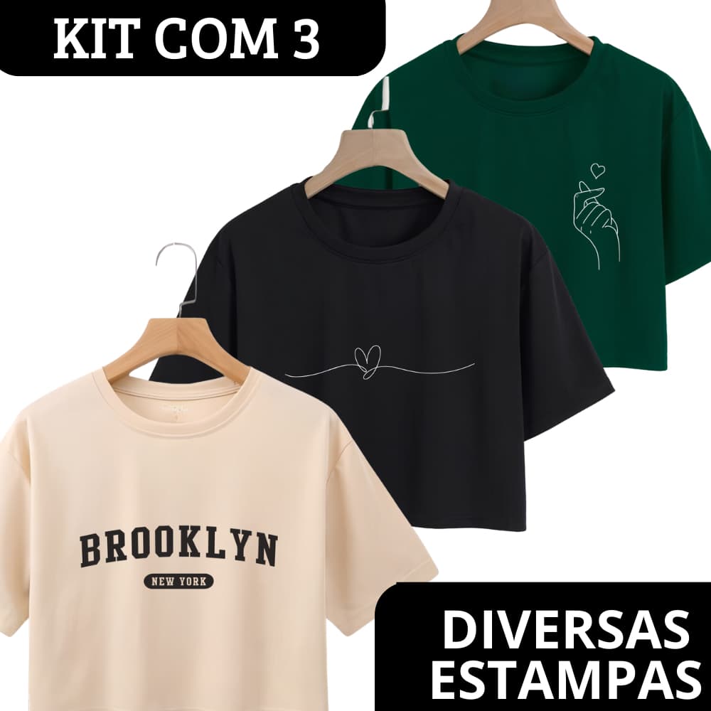 Kit 3 Cropped Blusa Feminina em Algodão Estampas Camiseta Camisas