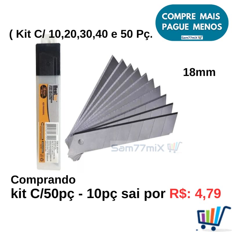 Kit Jogo Lamina Para Estilete Largo 18mm Com 10,20,30,40 e 50 Peças