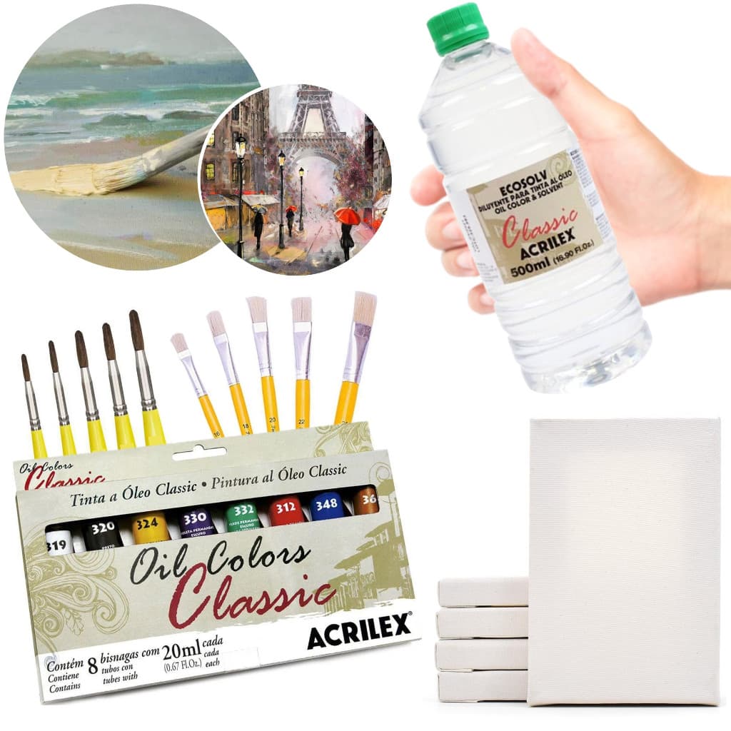 Tinta Óleo 8 Cores + 5 Telas + 10 Pincel + Diluente 500 Ml