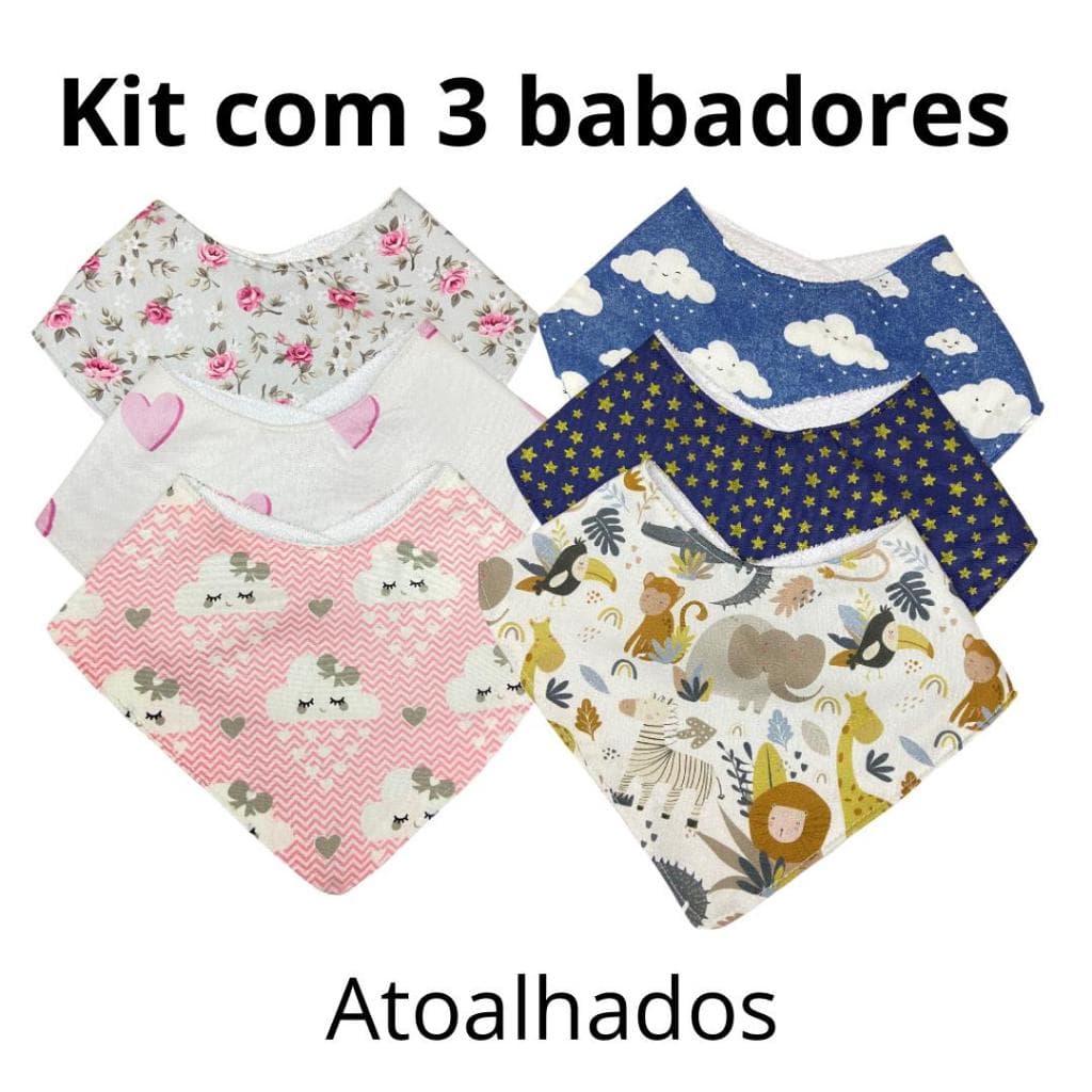 Kit 3 babadores bandana atoalhados com ajuste menino e menina