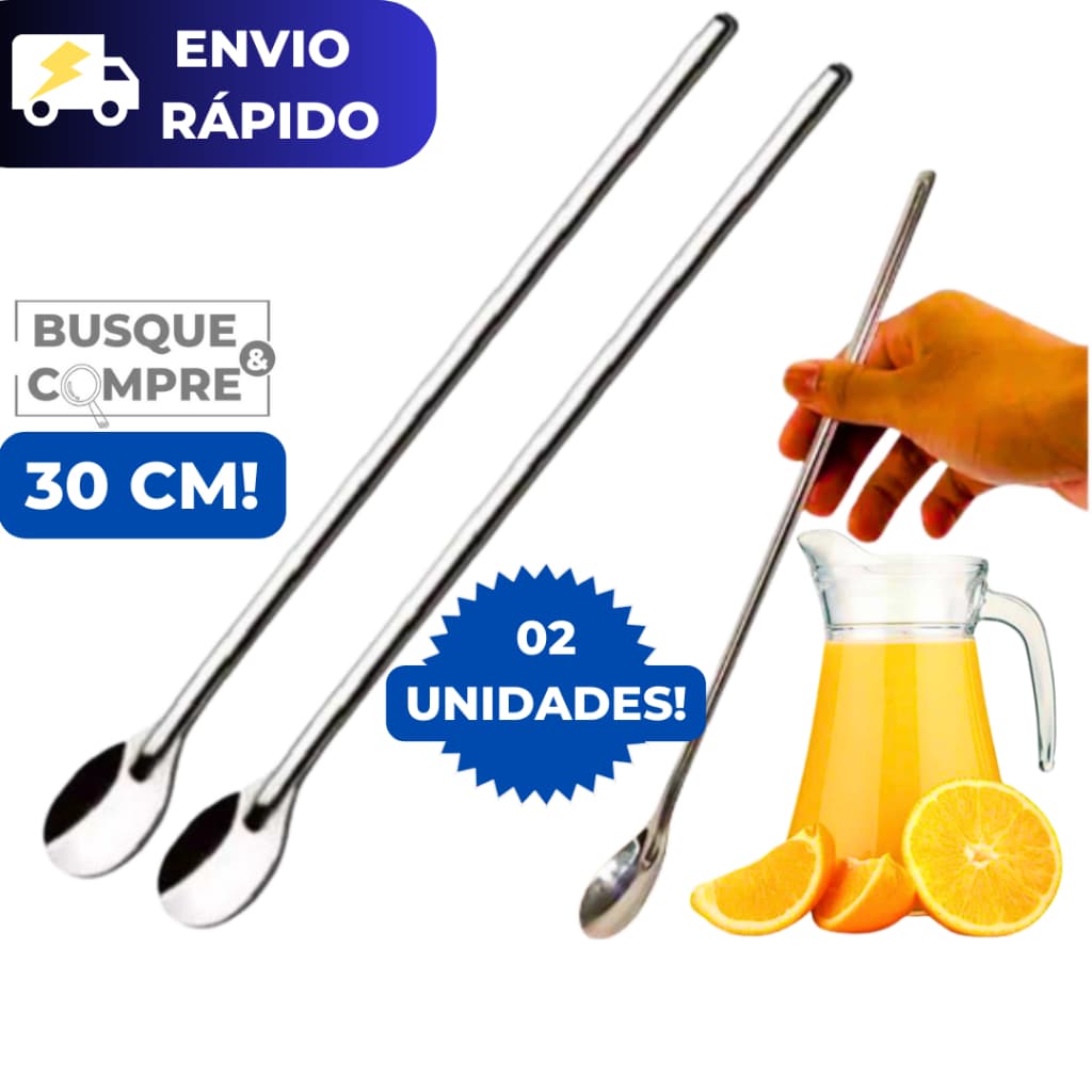 2 Colheres Grandes de 30cm Colher para Sucos Drinks Milkshakes Bebidas Aço Inox para Cozinha Suco