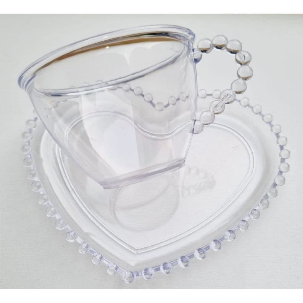 Cantinho do Café - 5 Xícara 120ml e 5 Pires Coração com Borda de Bolinhas de Acrílico CRISTAL (12pçs)
