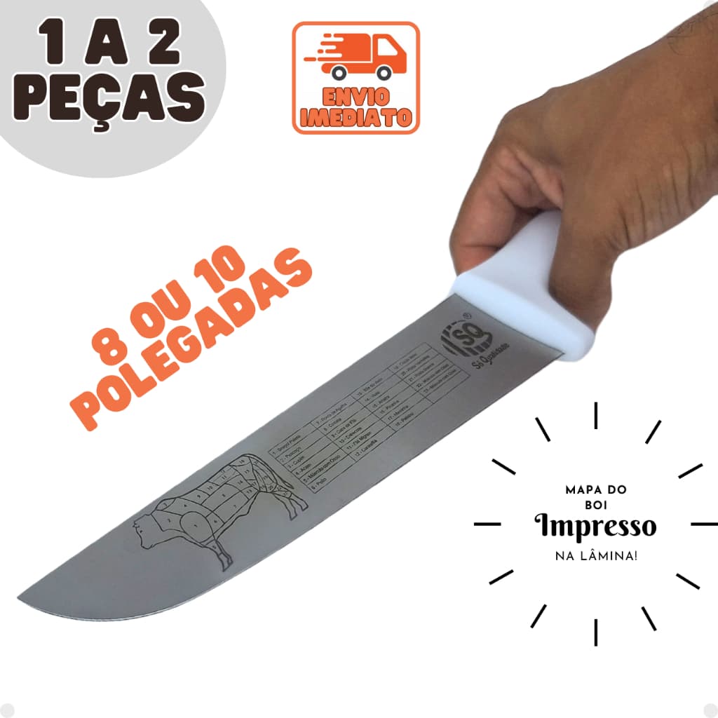 Faca Carne Chef Aço Cabo Branco 8'' ou 10" Profissional Churrasco Entre as melhores facas de cozinha