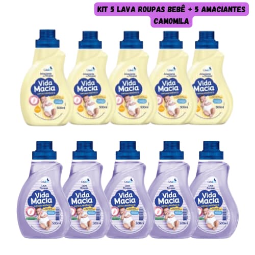 Kit Vida Macia 500ml Bebê 5 Lava Roupas liquido + 5 Amaciante Camomila (PROMOÇÃO)