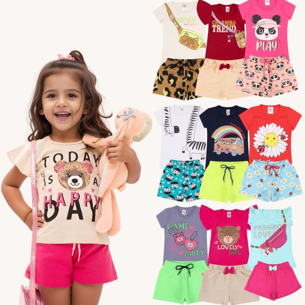 Kit Sortido 6 Peças de Roupas Infantil Menina 3 Camisetas + 3 Bermudas - Kit 3 Conjuntos Infantil Menina Verão Bebê