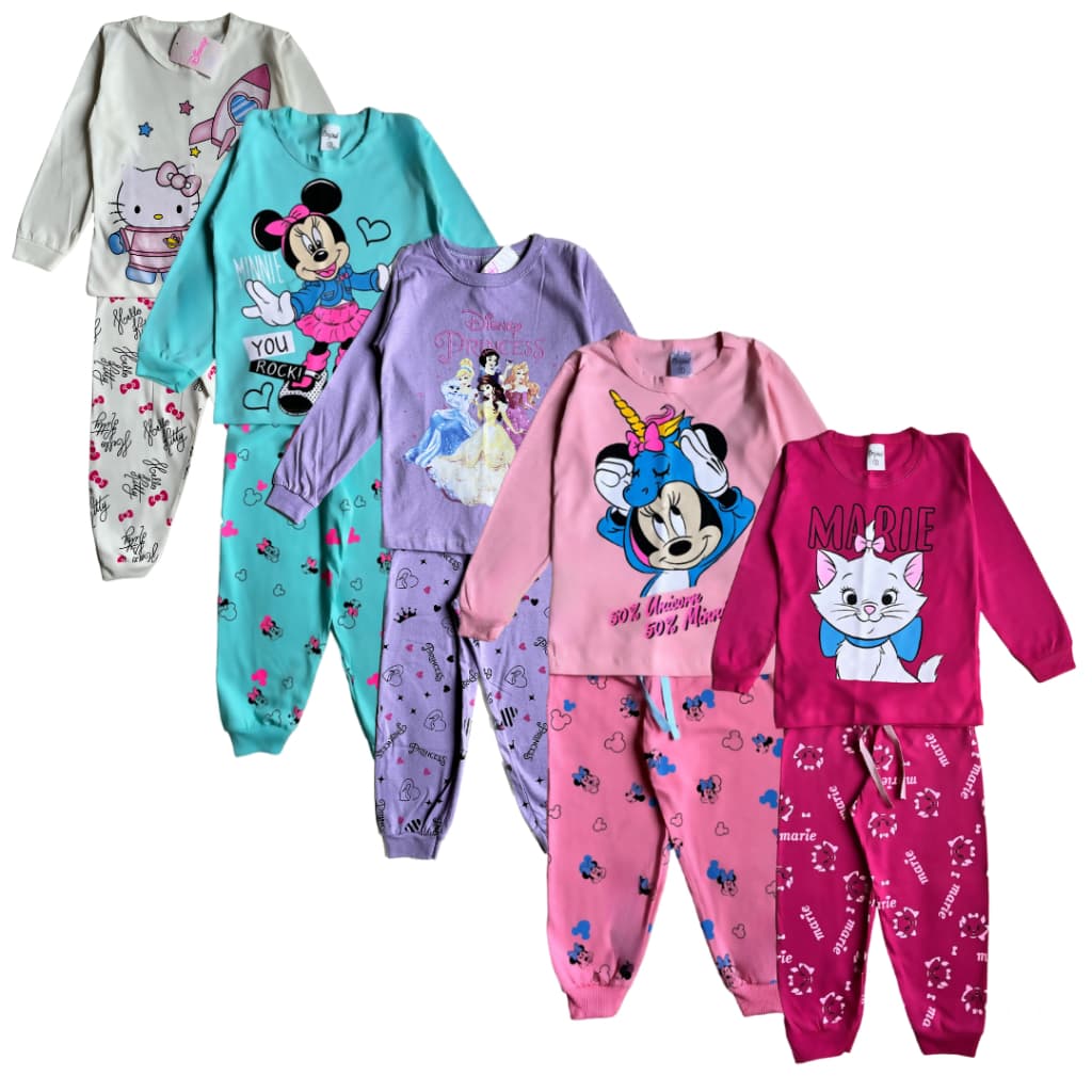 Kit 4 peças pijama menina 2 blusas e 2 calças longo meia estação inverno estampado infantil feminino