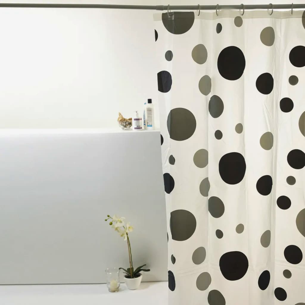 Cortina Box Banheiro Antimofo 180x160cm C/ Ganchos Peva Estampa - Bolas Pretas Chuveiro Antimofo