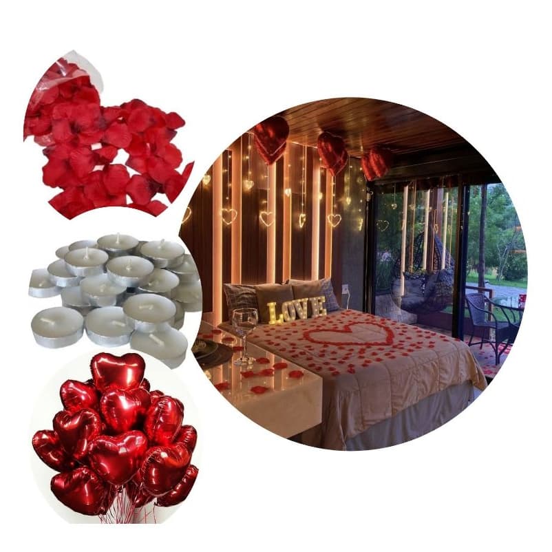 Kit Romântico 200 Pétalas + 10 Velas + 2 Balões Coração + Canudo