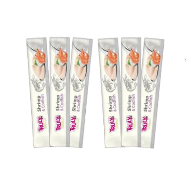 6 UN -Petisco para Gato Truly Creamy Churu Cremoso 6 tubetes - Sabor SHRIMP e CODFISH/CAMARÃO e BACALHAU - 14gx6 420gr