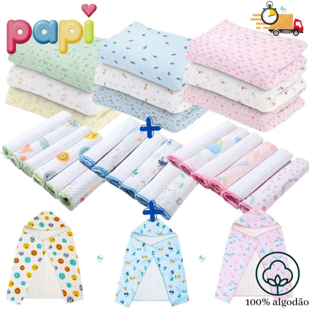 Kit 10 Peças Coisas de bebê – 3 Cueiros Flanelados Estampados + 6 Pano de Boca + 1 Toalha de Banho.