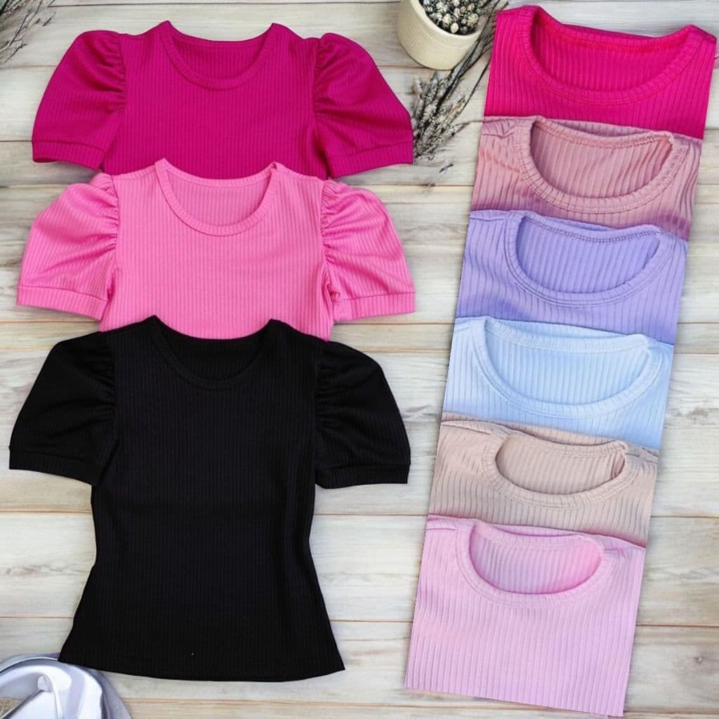 Kit com 3 blusinha manga princesa infantil menina CORES SORTIDAS