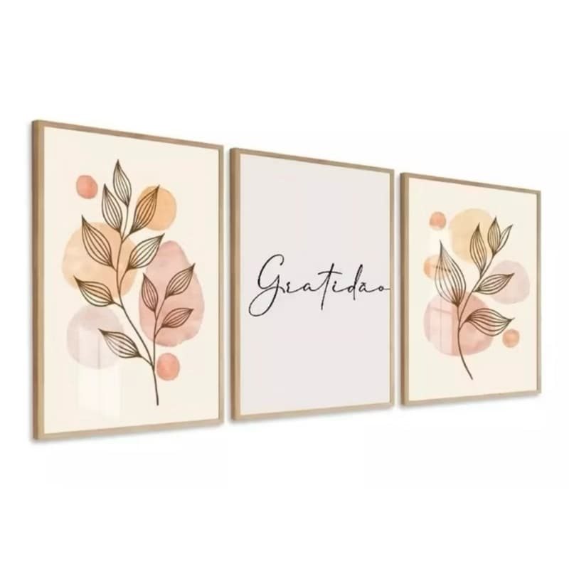 Quadro Decorativos 3 peças Folhas Delicadas Gratidão