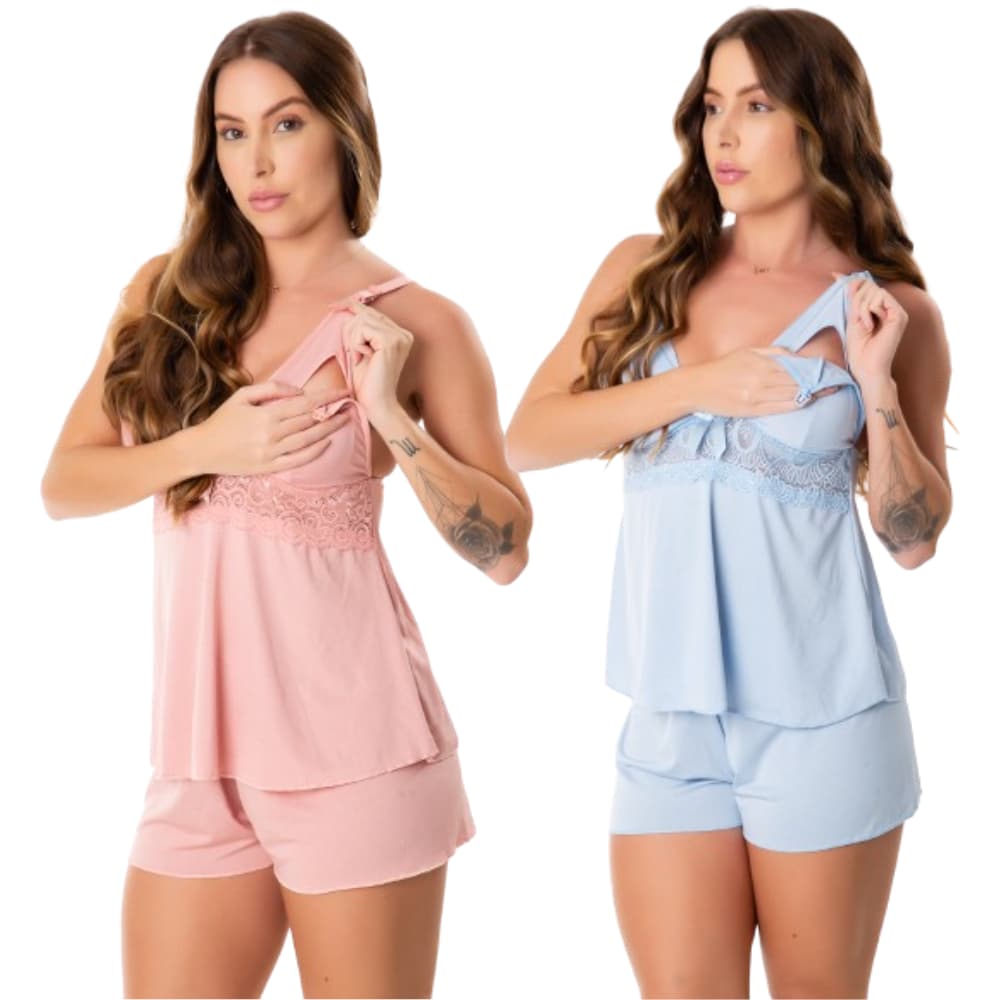Kit 2 Baby Doll Amamentação Click Abre Fácil Maternidade Pós Parto Para Pijama Para Amamentar