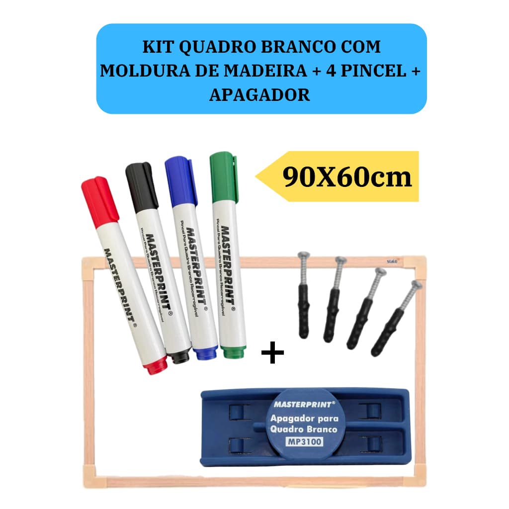 Lousa Branca Quadro Branco 90x60cm + 4 Pincel Marcadores  + 1 Apagador Didática Média