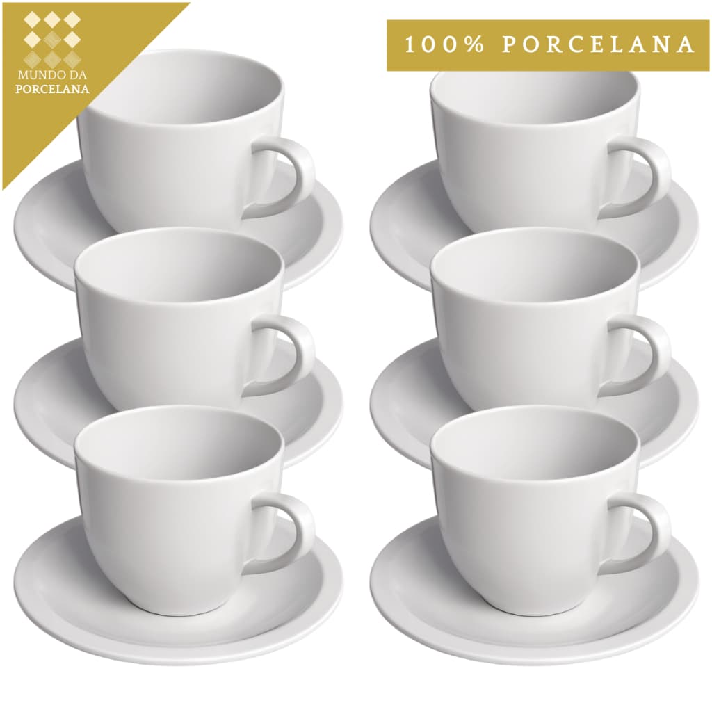Jogo 6 Xicara Café Chá Branca 170ml com Pires de Porcelana - Mundo da Porcelana