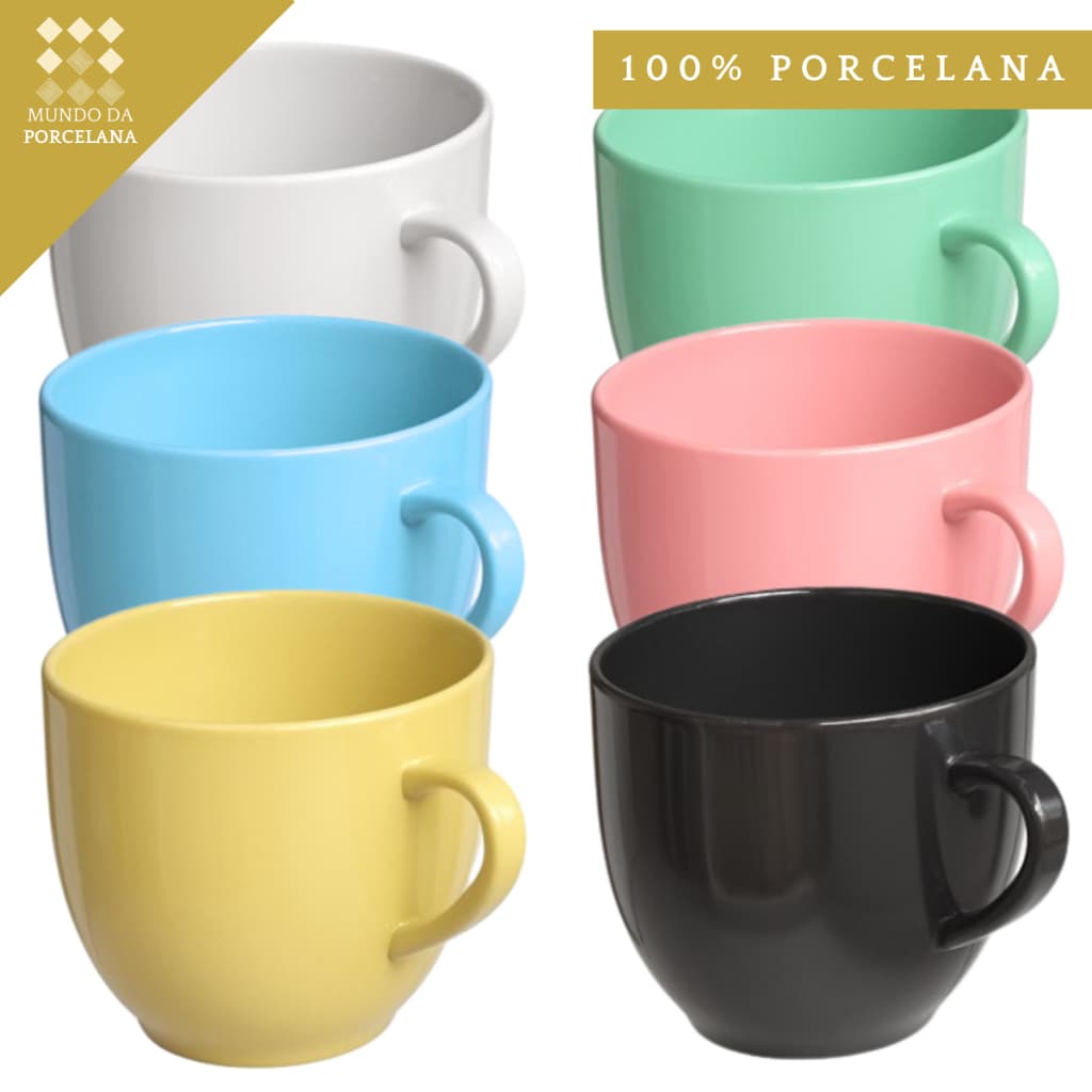 Jogo 6 Xicara Café Chá 170ml Porcelana Lisa Colorida Chicara Cor Pastel Cozinha Cafe Cha Leite Casa Cozinha