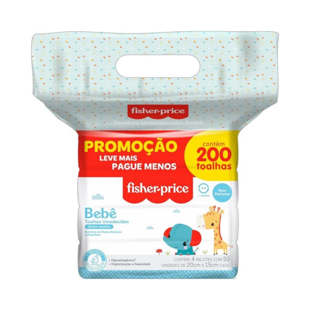 Toalha Umedecida Fisher Price RN S/Perfume Pack 200 Folhas (4undX50fls)